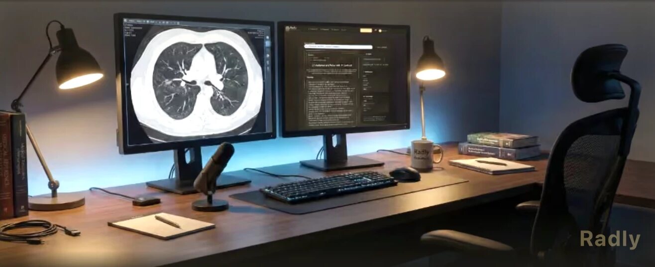 A radiologist's desk with a CT scan on one screen and a Radly report on the other
